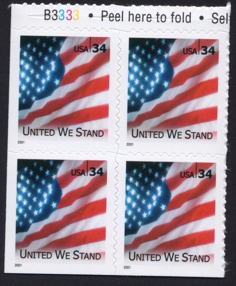 Scott #3549 United We Stand Flag Booklet Pane of 4 Stamps w/Plate # - MNH - Image 1 of 1