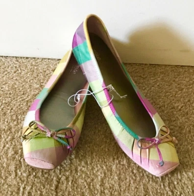 NWT Ladies BALLET FLATS Silk Madras Slip-on Shoes SIZE 7.5 MULTICOLOR Plaid  - Image 1 of 3