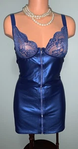 NEW Shiny Metallic Blue PU Babydoll & G Panty M/L Nightie Negligee Zip front Set - Picture 1 of 10