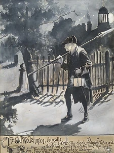 Orig drawing signed Henry Martin Beal the old watchman Illustrator Massachusetts - Picture 1 of 4
