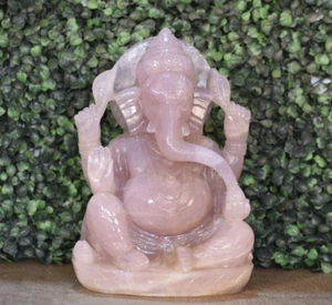 8 Inches Rose Quartz Ganesha Statue Figurine Hand Carved Hindu Religious Idol - Picture 1 of 6