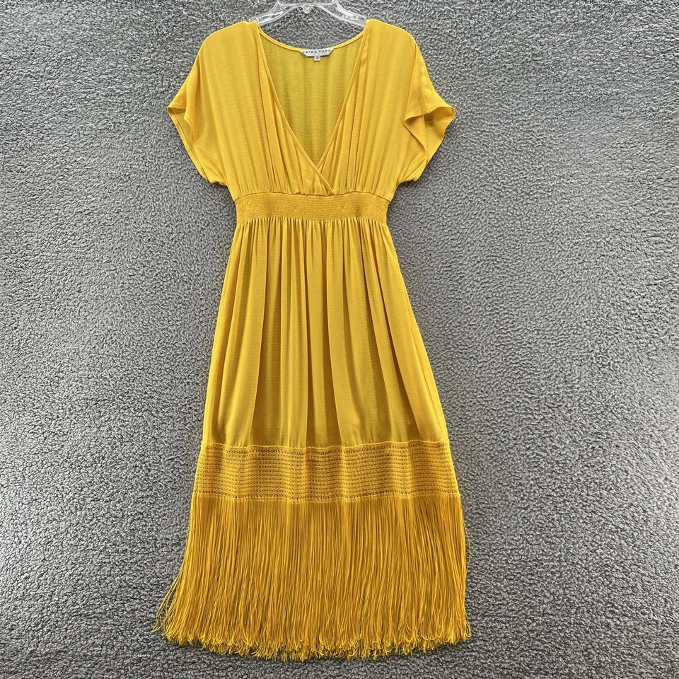 Vestido Trina Turk Feminino 2 Franjas Amarelas Midi Boho Califórnia Maxi Forrado Verão - Imagem 1 de 4
