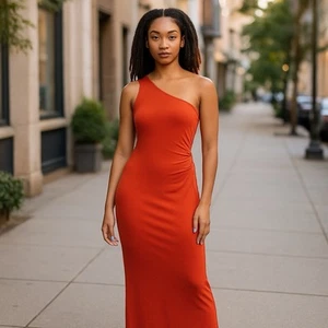 Resa Womens One Shoulder Maxi Dress Large Orange Cocktail Stretch Slip On NWT - Picture 1 of 4