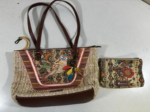 Sakroots bestickte EULE Handtasche gewebte Jute Schultertasche Handtasche Kosmetiktasche Schlüssel - Bild 1 von 14