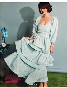 MEDIUM I Buru Teagan Tiered Ruffle Stripe Full Length Pocketed Maxi Skirt Aqua - Picture 1 of 9