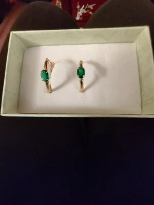 0.50 ct Lab created Emerald Solitaires in 14k Solid Yellow Gold Hoop Earrings . - Image 1 of 4