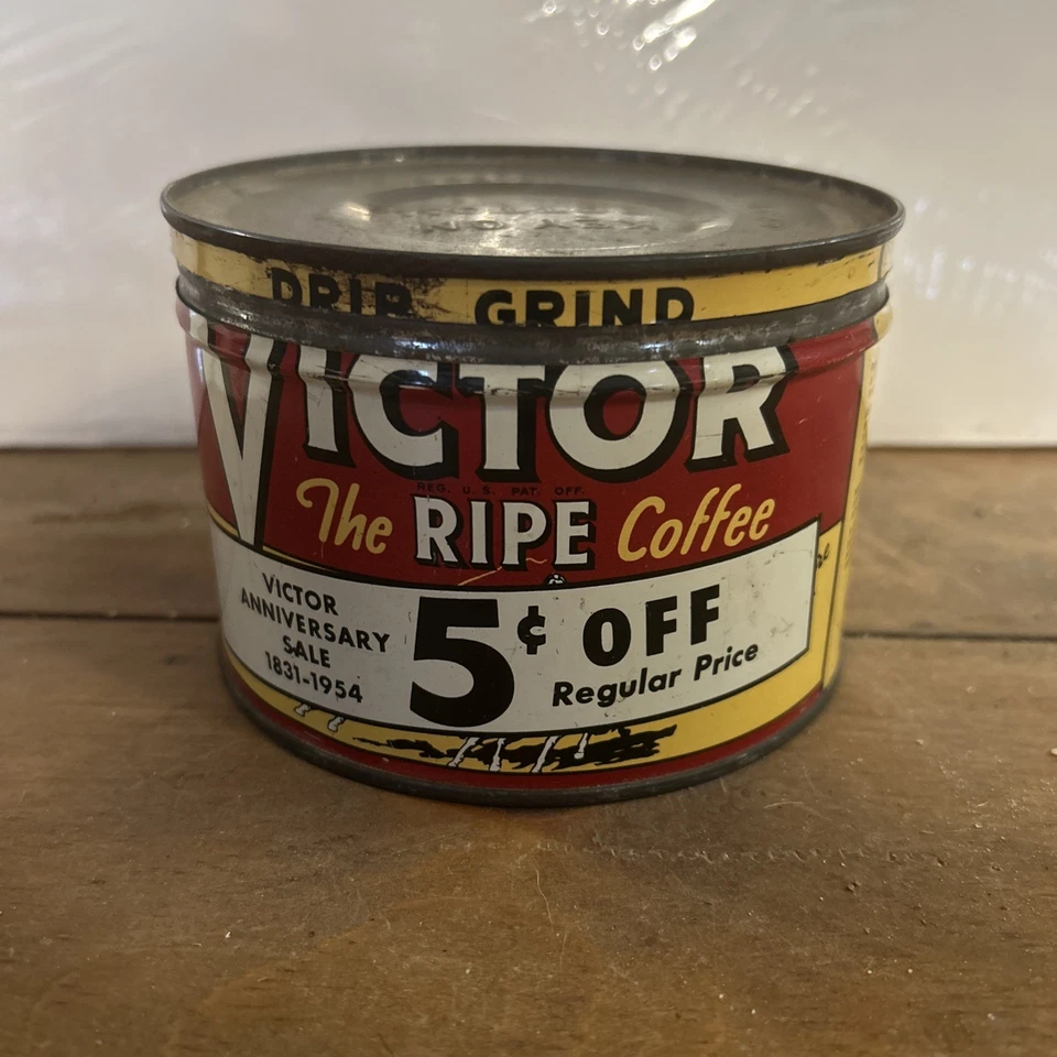 RARE Vintage Victor Ripe Coffee Can Tin  1954 ANNIVERSARY SALE 5 Cents Off - Image 1 of 4