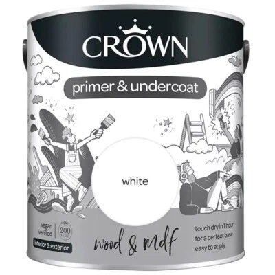 Crown MDF Wood Primer & Undercoat Quick Dry White Paint 2.5L - Image 1 of 4