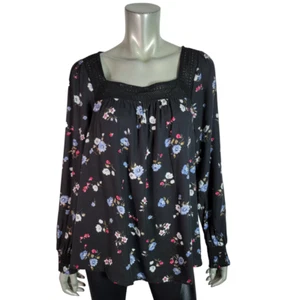 Lane Bryant Peasant Top Plus Size 14/16 Floral Square Neck Lightweight Black - Picture 1 of 8
