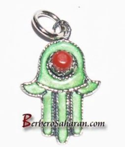 Handmade silver red coral and enamel hand of fatima pendant from algeria #1 - Picture 1 of 1