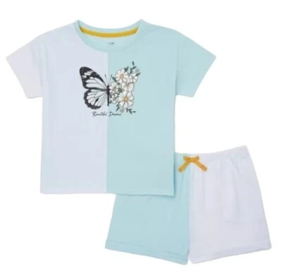 Acogedor Conjunto de 2 Piezas Pijama Niñas Azul 7/8 Top Y Pantalones Cortos Mariposa Floral Foto 1 de 4