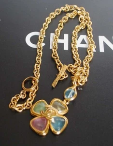 CHANEL Necklace Pendant Choker Gold Auth kenkenjp Gripoix Coloerd Stone Flower - Picture 1 of 5