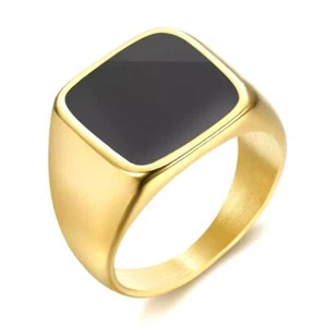 Herren Ring Onyx schwarz 18K 750 Gold vergoldet Edelstahl wasserfest R3327D1 - Picture 1 of 2