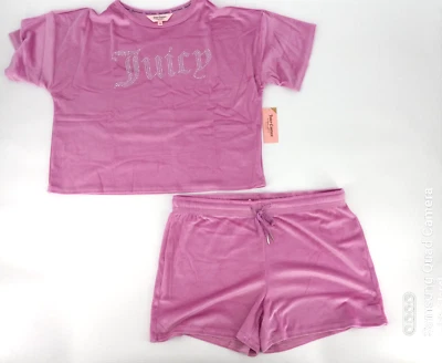 Juicy Couture 2pc Velour Pajama Short & Shirt Rhinestone Logo Sleepwear Large - Image 1 of 4