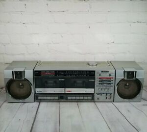 Vintage 80s Sanyo M-W22 Radio/Dual Cassete Recorder Boombox Gray, Half Working