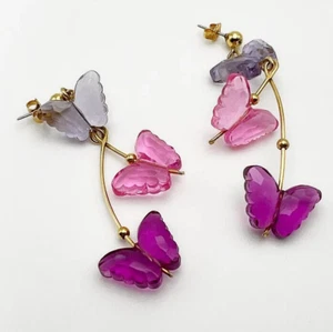 Vintage AVON Gold Tone Pink Purple Lucite Butterfly Pierced Dangle Earrings#4 - Picture 1 of 9