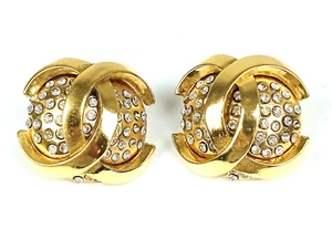 Vintage Chanel CC LOGO domed Clip-on Earrings Rhinestones Authentic Bold Rare - Picture 1 of 8