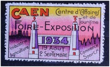 EXPOSITION CAEN 1934 TIMBRE VIGNETTE CINDERELLA ART DECO POSTER STAMP NORMANDIE