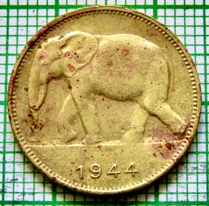 BELGIAN CONGO LEOPOLD III 1944 1 FRANC ELEPHANT Brass discolour Colonial Coinage - Picture 1 of 6