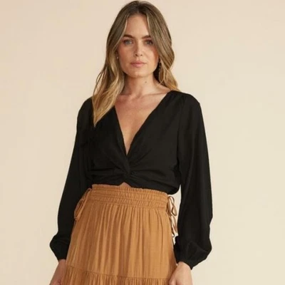 MinkPink Twist Front Long Sleeve Cropped Blouse Black V Neck Top Size Medium NWT - Image 1 of 4