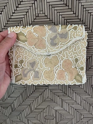 Vintage 50s 60s floral embroidered beaded handmade clutch glam cottagecore - Image 1 of 4