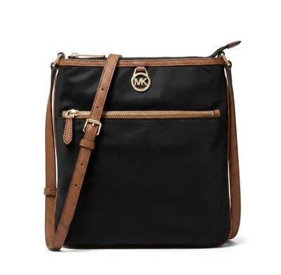Bolso Bandolera MICHAEL KORS Kempton Negro Nylon Marrón Cuero Borde Dorado Cartera Foto 1 de 4