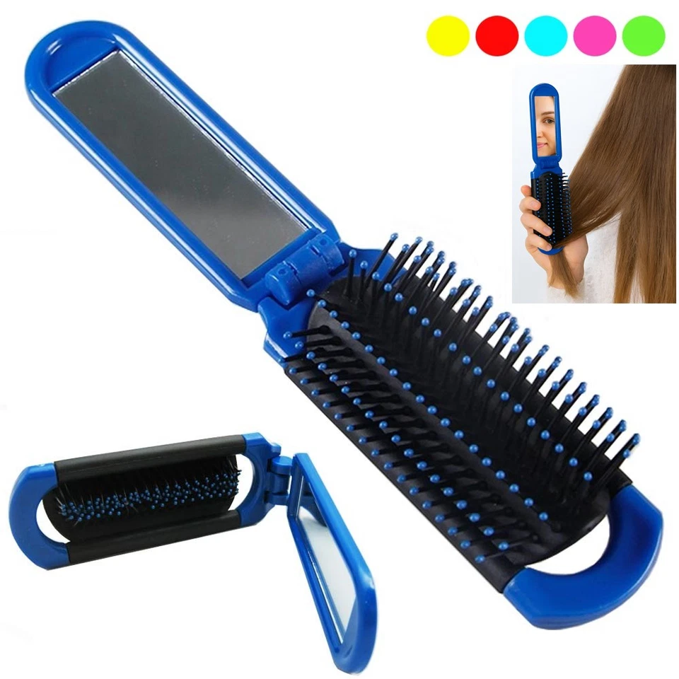 Folding Hair Brush Mirror Mini Comb Compact Pocket Size Travel Car Gym Purse Bag - Image 1 of 1