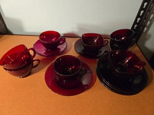 Anchor Hocking Royal Ruby Red Coffee Cups and Saucers Vintage 8 Cups/ 8 Saucers - Picture 1 of 6