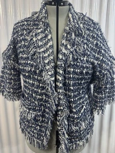 St. John Coture Navy Boucle Fringe Jacket USA Quiet Luxury Power Dress Size L - Picture 1 of 8