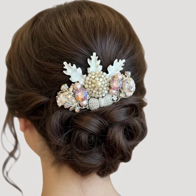 Peine de pelo de novia lavanda boda hojas plateadas perla cristal clip para el cabello Foto 1 de 4