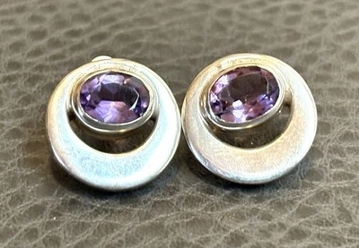 Aretes vintage modernistas facetados púrpura amatista plata de ley 925 Foto 1 de 4