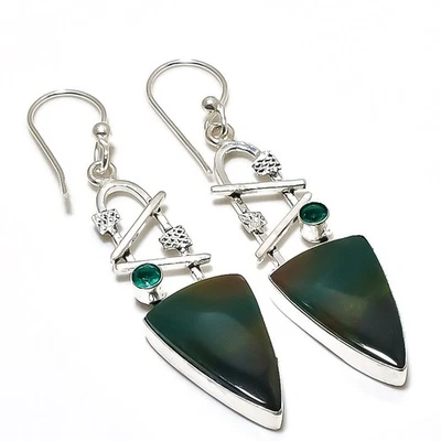 Bloodstone, Diopside Gemstone 925 Sterling Silver Jewelry Earring 2.76" t207 - Image 1 of 2