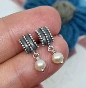 Genuine Pandora Beveled Pearl Drop Earrings 925 ALE π - Picture 1 of 7