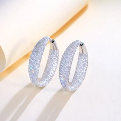 Micro Pave White Gold Plated CZ Big Round Hoop Earring Bridal Wedding Jewelry - Image 1 of 4
