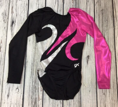 GK Child Large CL Pink, Black & Silver Leotard Long Sleeve Leotard, White Logo - Image 1 of 4