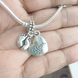 Antique Silver MOM and Baby's Feet Charms Fit Beaded Bracelet. - Picture 1 of 3