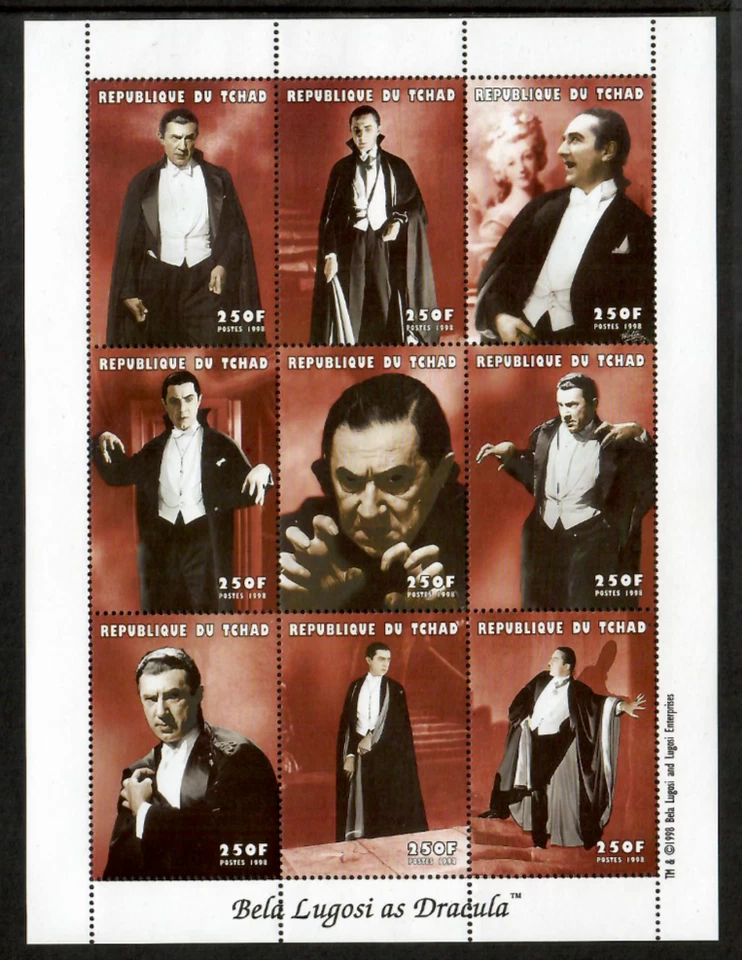 Chad - Bela Lugosi como Drácula - Hoja de 9 estampillas - Scott #7773B - MNH Foto 1 de 1