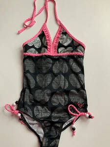 Justice Girls Hot Pink Black Silver Heart Swim Swimsuit Size 6 Excellent - Picture 1 of 3