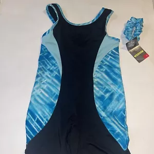Danskin Girls Dance Leotard Black Color Block Side Inset Gymnastics W/ Hair Tie - Picture 1 of 6