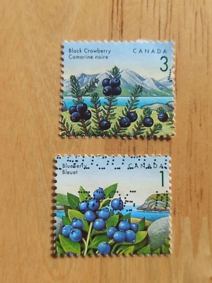Canada, two postal stamps - Blueberry and Black Crowberry Foto 1 de 4