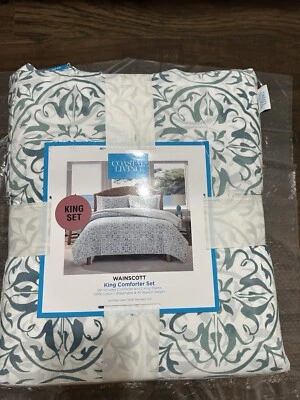 Nuevo juego de edredón y fundas Coastal Living Wainscott blanco/verde azulado Medallion King 3 piezas Foto 1 de 4