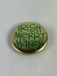 Irish Merry Maker Pinback Button Green Print 1.25” Gold Tone Vintage - Picture 1 of 3