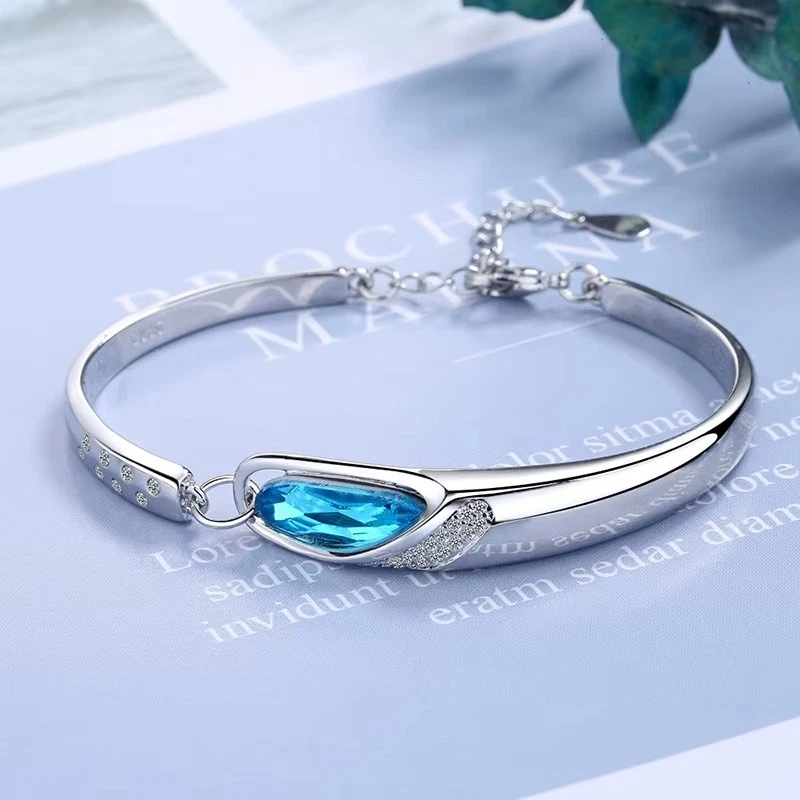 925 silver bracelet cuff blue stone zircoin luxury elegant ladies uk - Image 1 of 4