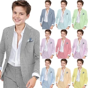 Seersucker Boy's Suits Summer Two Pieces Coat Pants Notch Lapel Leisure Casual - Picture 1 of 27