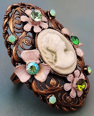 Michal Negrin Large Ring Victorian Lady Portrait Cameo Crystal Rhinestones y2k - Image 1 of 3