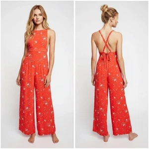 Free People Sweet in the Streets Jumpsuit rot weiß Blumen weites Bein Damen XS - Bild 1 von 11