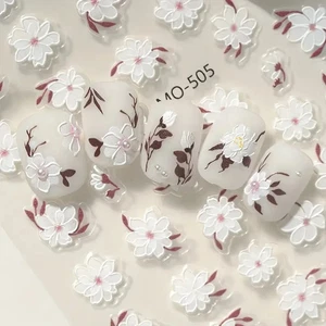 1 Floral Nail Art Sticker - Hand Painted White Flowers, Crimson And Green Leaves - Picture 1 of 5