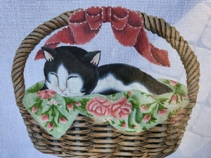 Sleeping Kitty Cat In Basket~Shabby Chic Roses~HP Needlepoint - Picture 1 of 2