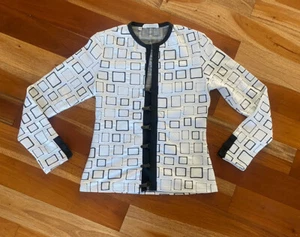 VINTAGE RAYURE PARIS FRANKREICH SCHWARZ WEISS STRETCHIG SPANGE GEOMETRISCH BLAZER TOP 40 - Bild 1 von 12