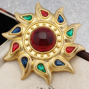 1980s Gripiox Style Brushed Gold Red Starburst Brooch Signed BAUER - Picture 1 of 3
